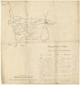 Plan indiquant le projet de réunir le hameau des Bâgés à la commune de Baneins, vue 01.