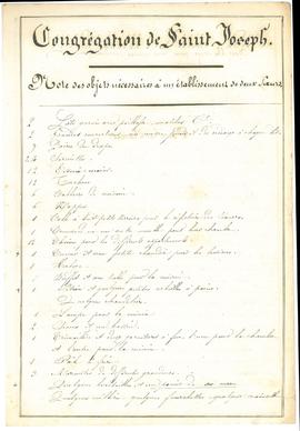 Liste des objets nécessaires à l'établissement de deux sœurs de la congrégation de Saint-Joseph, ...