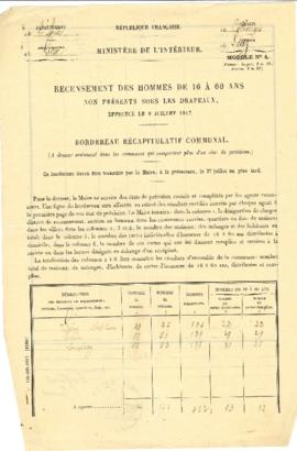 Bordereau récapitulatif communal de recensement des hommes de 16 à 60 ans non présents sous les d...